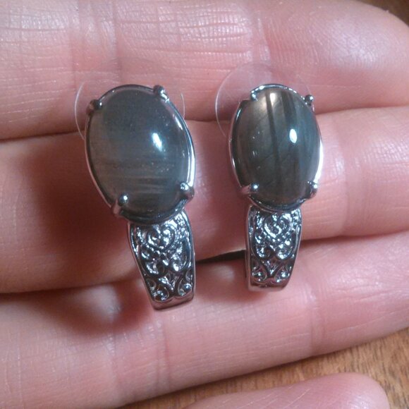 Madagascar Fire Labradorite Stainless Steel Solitaire Stud Earrings - Picture 11 of 14